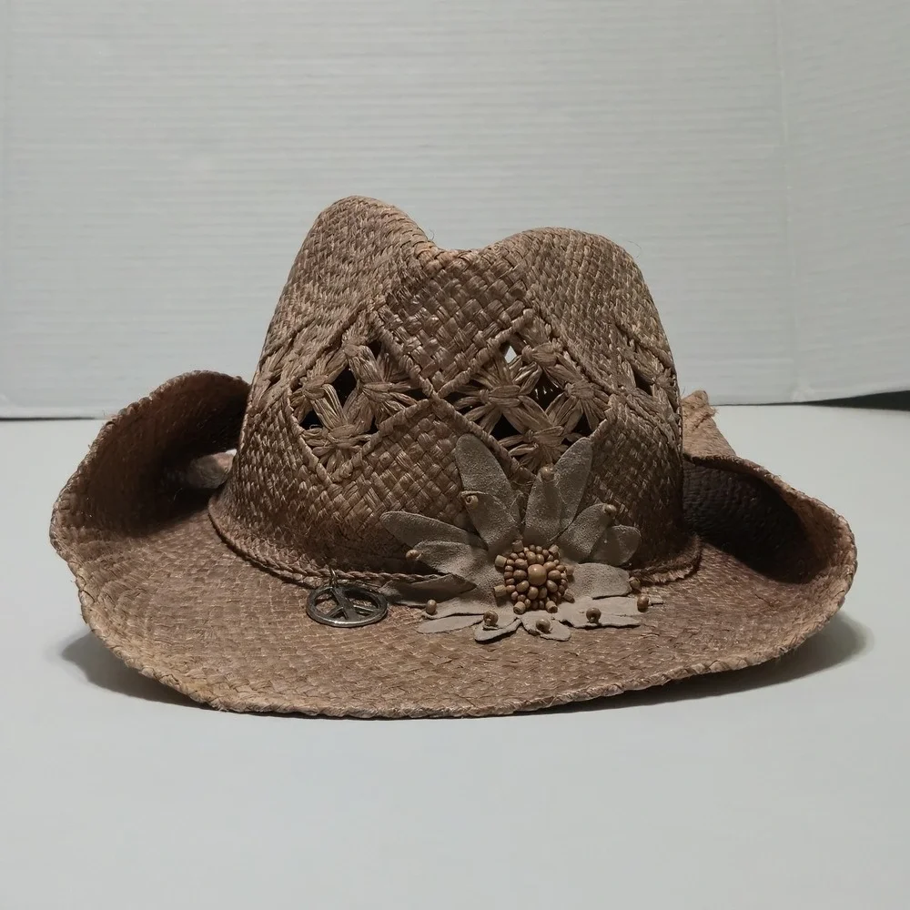 Peter Grimm Straw Cowboy Hat Womens Flower Peace Charm Western Cowgirl Sun Beach